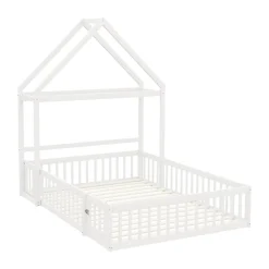 Lit enfant 140x200 cm - Lit Double Cabane avec Grille et Porte, Cadre en Bois Massif, Sans Matelas - Blanc