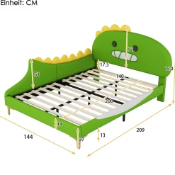 Lit enfant 140x200 cm - Lit Double Dinosaure avec Tête de Lit Décorative - PU et MDF - Vert - Sans Matelas