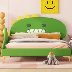 Lit enfant 140x200 cm - Lit Double Dinosaure avec Tête de Lit Décorative - PU et MDF - Vert - Sans Matelas