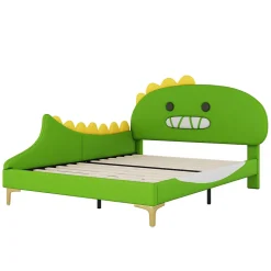 Lit enfant 140x200 cm - Lit Double Dinosaure avec Tête de Lit Décorative - PU et MDF - Vert - Sans Matelas