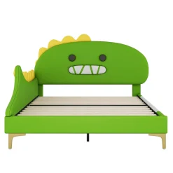 Lit enfant 140x200 cm - Lit Double Dinosaure avec Tête de Lit Décorative - PU et MDF - Vert - Sans Matelas