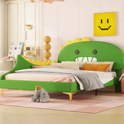 Lit enfant 140x200 cm - Lit Double Dinosaure avec Tête de Lit Décorative - PU et MDF - Vert - Sans Matelas