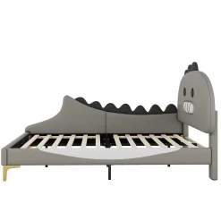 Lit enfant 140x200 cm - Lit Double Dinosaure avec Tête de Lit Décorative - PU et MDF - Gris - Sans Matelas