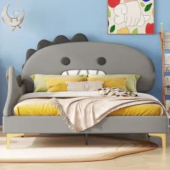 Lit enfant 140x200 cm - Lit Double Dinosaure avec Tête de Lit Décorative - PU et MDF - Gris - Sans Matelas