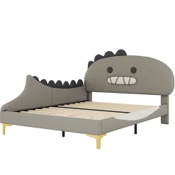 Lit enfant 140x200 cm - Lit Double Dinosaure avec Tête de Lit Décorative - PU et MDF - Gris - Sans Matelas