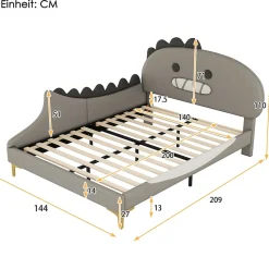 Lit enfant 140x200 cm - Lit Double Dinosaure avec Tête de Lit Décorative - PU et MDF - Gris - Sans Matelas