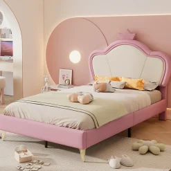 Lit enfant 90x200 cm - Lit Princesse Capitonné avec Tête Couronne, PU Rembourré, Sans Matelas - Rose et Blanc