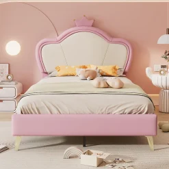 Lit enfant 90x200 cm - Lit Princesse Capitonné avec Tête Couronne, PU Rembourré, Sans Matelas - Rose et Blanc