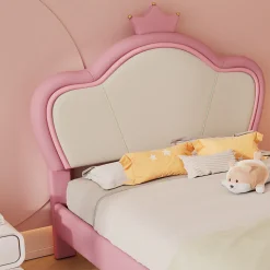Lit enfant 90x200 cm - Lit Princesse Capitonné avec Tête Couronne, PU Rembourré, Sans Matelas - Rose et Blanc