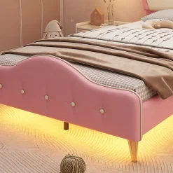 Lit enfant 90x200 cm - Lit Princesse Simple avec Bande LED Intégrée, Capitonné et Rembourré en PU, Rose et Blanc, Sans Matelas