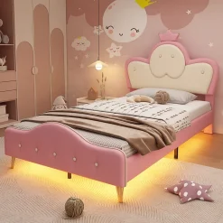 Lit enfant 90x200 cm - Lit Princesse Simple avec Bande LED Intégrée, Capitonné et Rembourré en PU, Rose et Blanc, Sans Matelas
