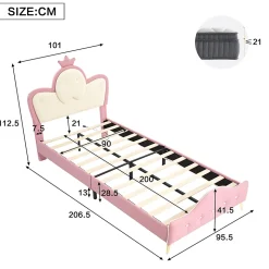 Lit enfant 90x200 cm - Lit Princesse Simple avec Bande LED Intégrée, Capitonné et Rembourré en PU, Rose et Blanc, Sans Matelas