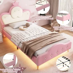 Lit enfant 90x200 cm - Lit Princesse Simple avec Bande LED Intégrée, Capitonné et Rembourré en PU, Rose et Blanc, Sans Matelas