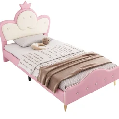 Lit enfant 90x200 cm - Lit Princesse Simple avec Bande LED Intégrée, Capitonné et Rembourré en PU, Rose et Blanc, Sans Matelas