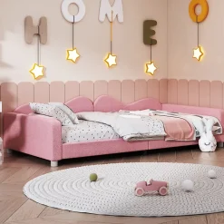 Lit enfant 90x200 cm - Lit rembourré avec cadre canapé-lit en peluche doux - MDF + Velours + Métal - Sans matelas - Rose