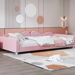Lit enfant 90x200 cm - Lit rembourré avec cadre canapé-lit en peluche doux - MDF + Velours + Métal - Sans matelas - Rose