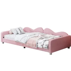 Lit enfant 90x200 cm - Lit rembourré avec cadre canapé-lit en peluche doux - MDF + Velours + Métal - Sans matelas - Rose