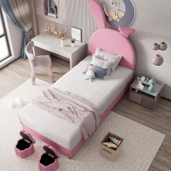 Lit enfant 90x200 cm - Lit simple capitonné jeunesse avec 2 tabourets de rangement et éclairage LED - Velours - Rose