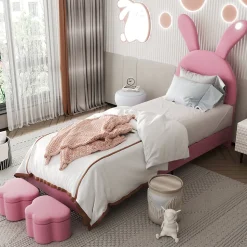 Lit enfant 90x200 cm - Lit simple capitonné jeunesse avec 2 tabourets de rangement et éclairage LED - Velours - Rose