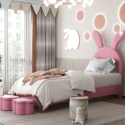 Lit enfant 90x200 cm - Lit simple capitonné jeunesse avec 2 tabourets de rangement et éclairage LED - Velours - Rose