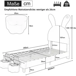 Lit enfant 90x200 cm - Lit simple capitonné jeunesse avec 2 tabourets de rangement et éclairage LED - Velours - Rose