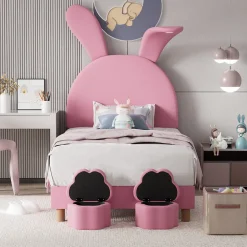 Lit enfant 90x200 cm - Lit simple capitonné jeunesse avec 2 tabourets de rangement et éclairage LED - Velours - Rose