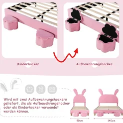 Lit enfant 90x200 cm - Lit simple capitonné jeunesse avec 2 tabourets de rangement et éclairage LED - Velours - Rose