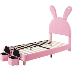 Lit enfant 90x200 cm - Lit simple capitonné jeunesse avec 2 tabourets de rangement et éclairage LED - Velours - Rose