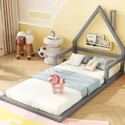 Lit enfant 90x200 cm - Lit Simple Cabane avec Structure en Pin Massif et MDF, design Classique et Solide, Sans Matelas, Gris