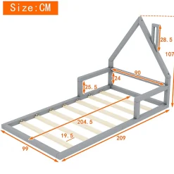 Lit enfant 90x200 cm - Lit Simple Cabane avec Structure en Pin Massif et MDF, design Classique et Solide, Sans Matelas, Gris