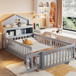 Lit enfant 90x200 cm - Lit simple avec rangement et cadre maison en bois massif avec protection contre chute - Sans matelas - Gris