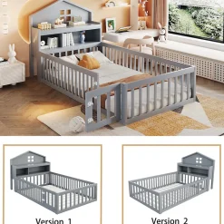 Lit enfant 90x200 cm - Lit simple avec rangement et cadre maison en bois massif avec protection contre chute - Sans matelas - Gris