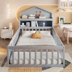 Lit enfant 90x200 cm - Lit simple avec rangement et cadre maison en bois massif avec protection contre chute - Sans matelas - Gris