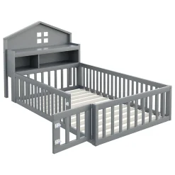 Lit enfant 90x200 cm - Lit simple avec rangement et cadre maison en bois massif avec protection contre chute - Sans matelas - Gris