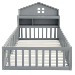 Lit enfant 90x200 cm - Lit simple avec rangement et cadre maison en bois massif avec protection contre chute - Sans matelas - Gris