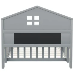 Lit enfant 90x200 cm - Lit simple avec rangement et cadre maison en bois massif avec protection contre chute - Sans matelas - Gris