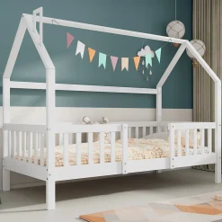 Lit Enfant 90x200 cm - Lit Simple Design Cheminée pour Petit Espace - Sans Matelas - Bois de Pin Blanc