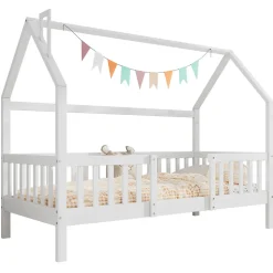 Lit Enfant 90x200 cm - Lit Simple Design Cheminée pour Petit Espace - Sans Matelas - Bois de Pin Blanc