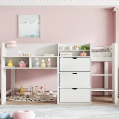 Lit enfant 90x200 cm - Lit simple Mi-Hauteur avec Cabane et Multiples Espaces de Rangement Pratiques - Bois Pin MDF - Blanc