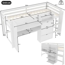 Lit enfant 90x200 cm - Lit simple Mi-Hauteur avec Cabane et Multiples Espaces de Rangement Pratiques - Bois Pin MDF - Blanc