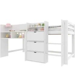 Lit enfant 90x200 cm - Lit simple Mi-Hauteur avec Cabane et Multiples Espaces de Rangement Pratiques - Bois Pin MDF - Blanc
