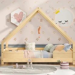 Lit Enfant 90x200 cm - Lit Simple Forme Maison avec Barrières de Sécurité - Sans Matelas - Bois Massif Naturel