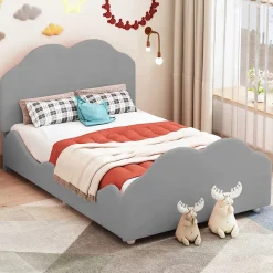 Lit enfant 90x200 cm - Lit Simple Capitonné avec Tête et Pied de Lit en Forme de Nuage, Velours Doux, Sans Matelas - Gris