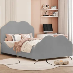 Lit enfant 90x200 cm - Lit Simple Capitonné avec Tête et Pied de Lit en Forme de Nuage, Velours Doux, Sans Matelas - Gris