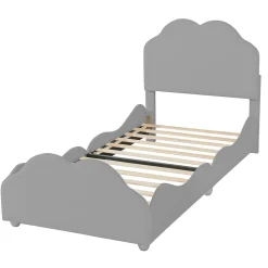 Lit enfant 90x200 cm - Lit Simple Capitonné avec Tête et Pied de Lit en Forme de Nuage, Velours Doux, Sans Matelas - Gris
