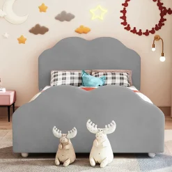 Lit enfant 90x200 cm - Lit Simple Capitonné avec Tête et Pied de Lit en Forme de Nuage, Velours Doux, Sans Matelas - Gris