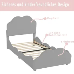 Lit enfant 90x200 cm - Lit Simple Capitonné avec Tête et Pied de Lit en Forme de Nuage, Velours Doux, Sans Matelas - Gris