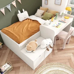 Lit enfant 90x200 cm - Lit simple avec bureau intégré et tiroirs de rangement - Bois massif, pin et MDF - Blanc - Sans matelas