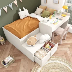 Lit enfant 90x200 cm - Lit simple avec bureau intégré et tiroirs de rangement - Bois massif, pin et MDF - Blanc - Sans matelas