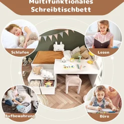 Lit enfant 90x200 cm - Lit simple avec bureau intégré et tiroirs de rangement - Bois massif, pin et MDF - Blanc - Sans matelas